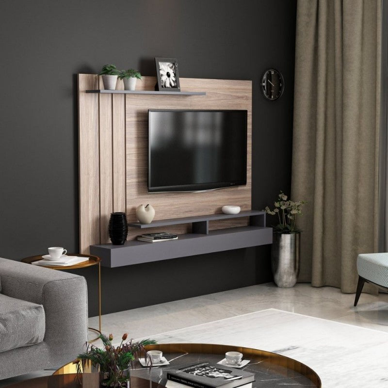 Élément TV mural en noyer avec détails anthracite 157x21xh.120 cm 