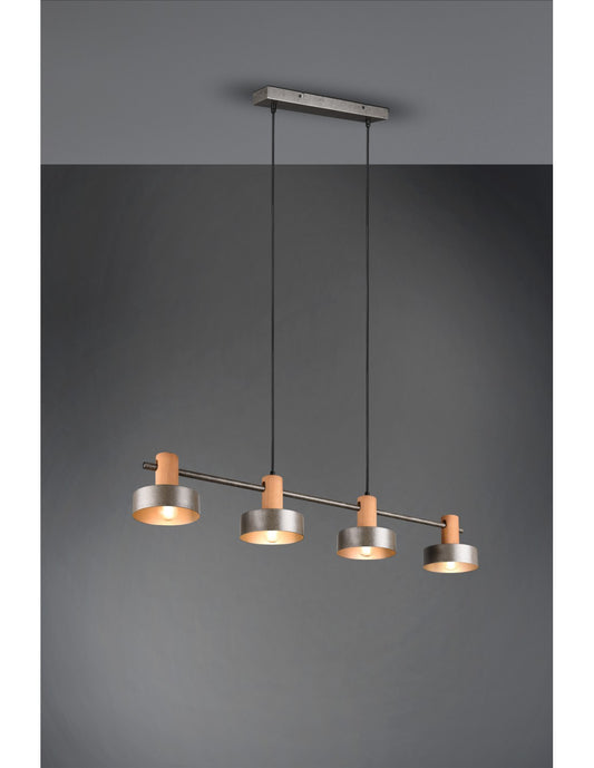 Gaya Suspension 4xE14 Nickel Antique Et Bois L90 cm Trio Luminaire