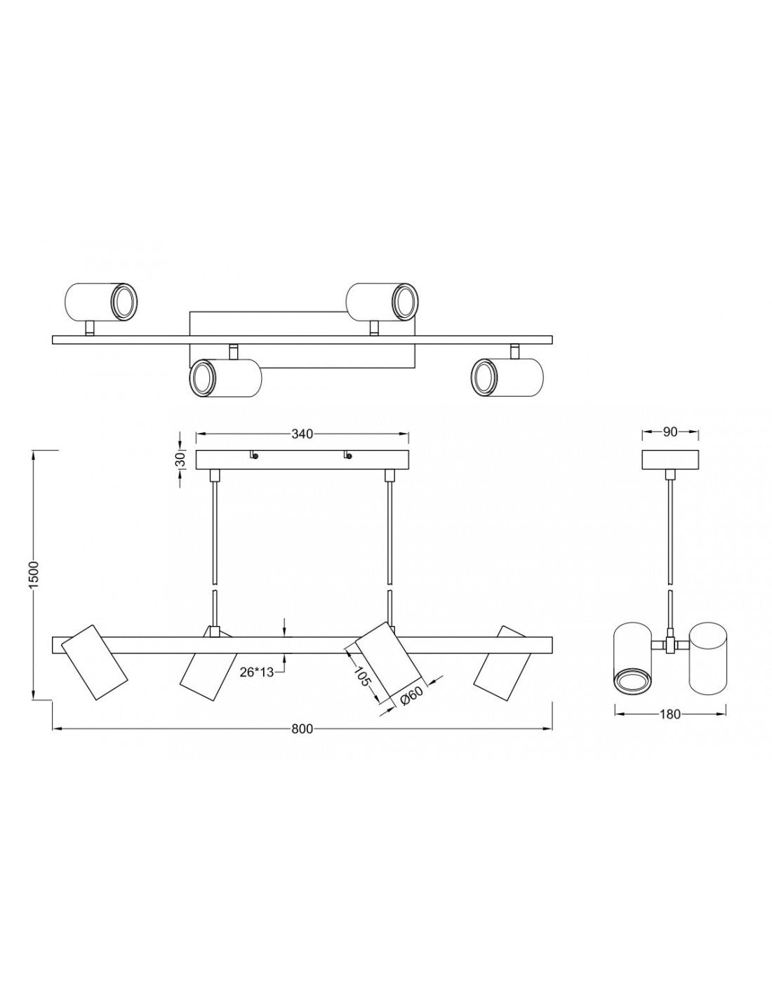 Suspension Noire 4 Spots GU10 Orientables Marley Trio Lighting