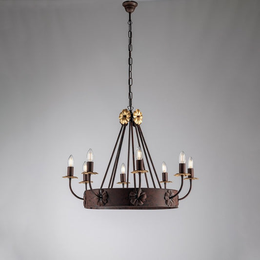 Lustre en fer Noir Rouillé finition Empire Gold, huit lumières 76x h57 cm