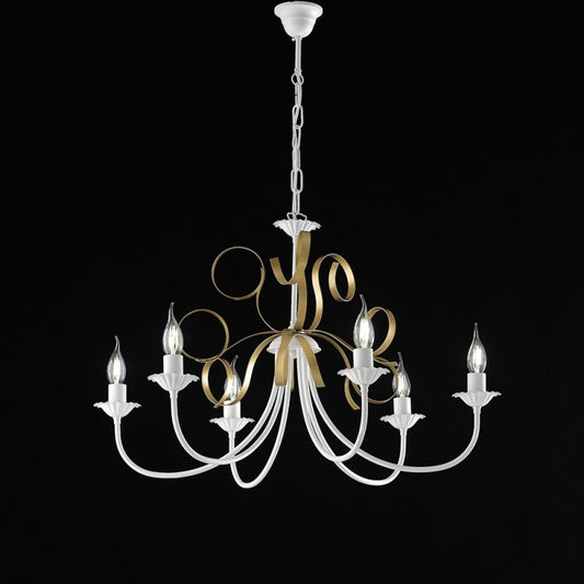 Lustre en fer blanc shabby doré à six lumières 73x h50 cm