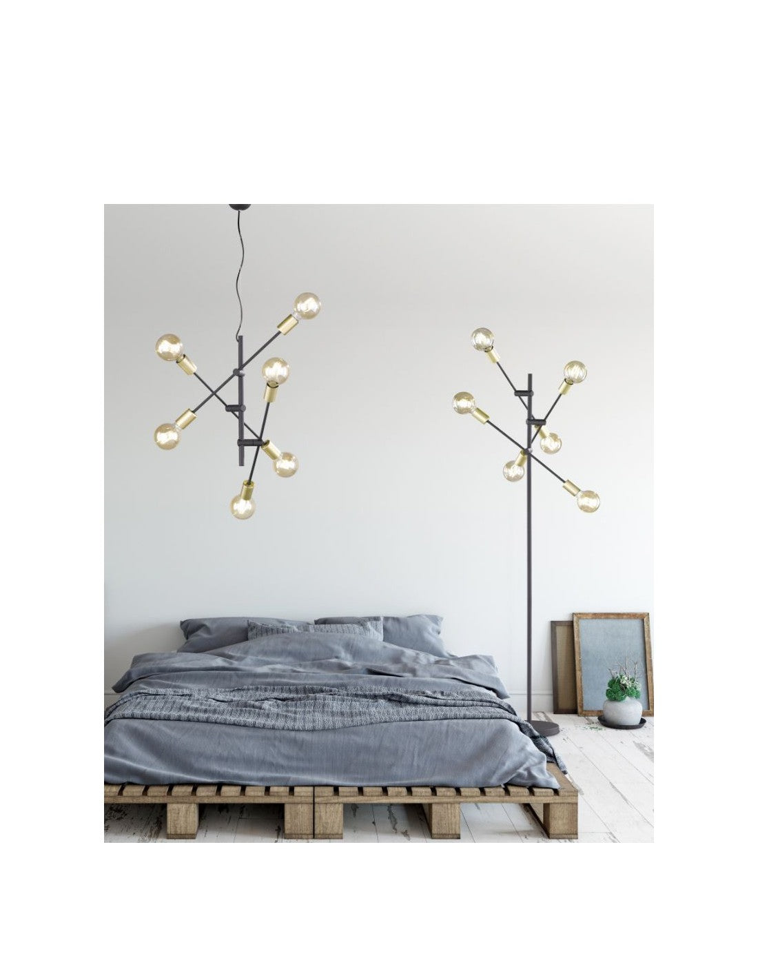 Lampadaire Minimal 6 Lumières Orientables Croix Noir et Or Trio Lighting