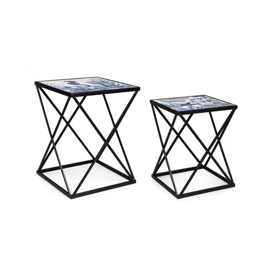 Ensemble de tables basses 2 pièces en acier noir motif marin REEF K04