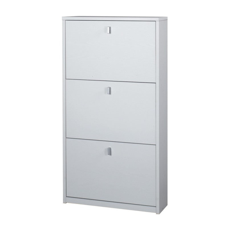 Étagère à chaussures fine et peu encombrante à trois portes en Frêne Blanc 63x18x h117 cm