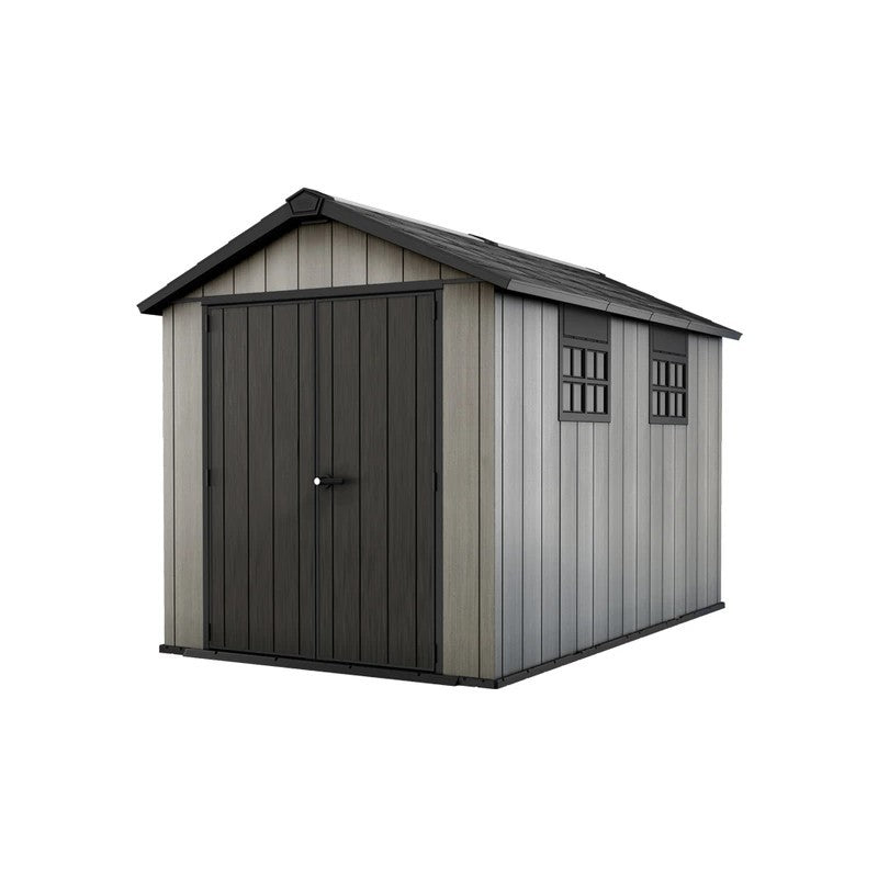 Petite maison en duotech gris effet bois naturel 2 portes 2 fenêtres en polycarbonate 230x350xh.242 cm 