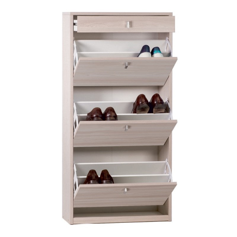 Étagère à chaussures fine et peu encombrante avec trois portes et un tiroir en Light Olmo 63x29x h127 cm