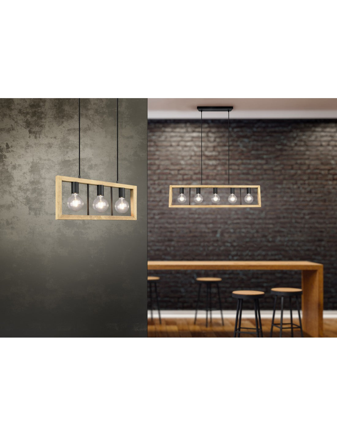 Lustre Cage Rectangulaire Agra en Bois 5 Lumières Bois Naturel et Éclairage Trio Noir