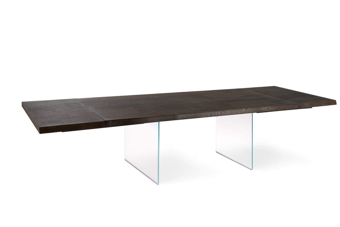 Table extensible en chêne traité thermiquement et pieds en verre 200/300x100 cm