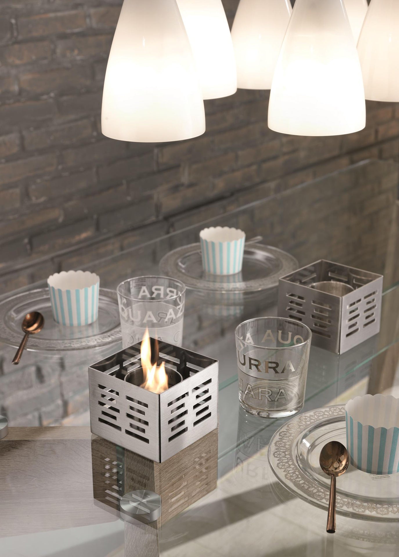 3x Set de 3 bio-cheminées en acier gris clair 10x10x8h cm