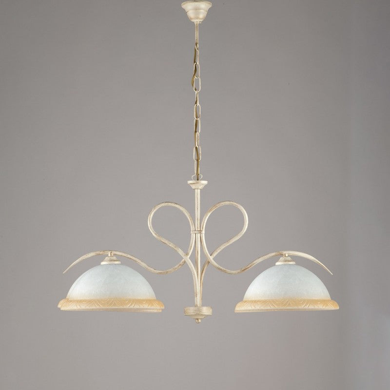 Lustre en fer Ivoire Or à deux lumières en verre Blanc et Ambre 79x h43 cm
