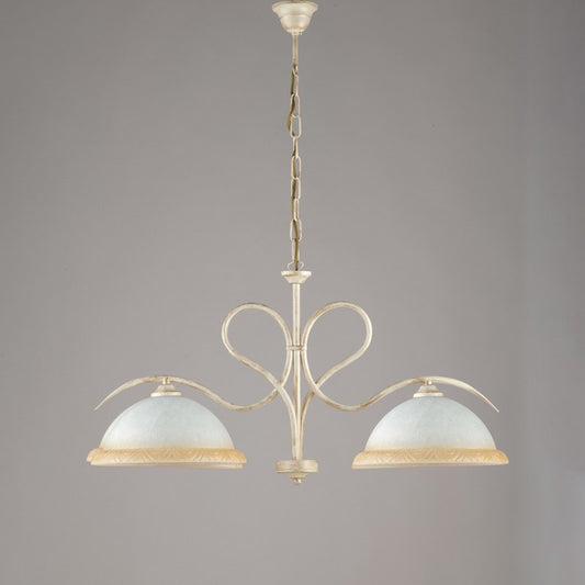 Lustre en fer Ivoire Or à deux lumières en verre Blanc et Ambre 79x h43 cm