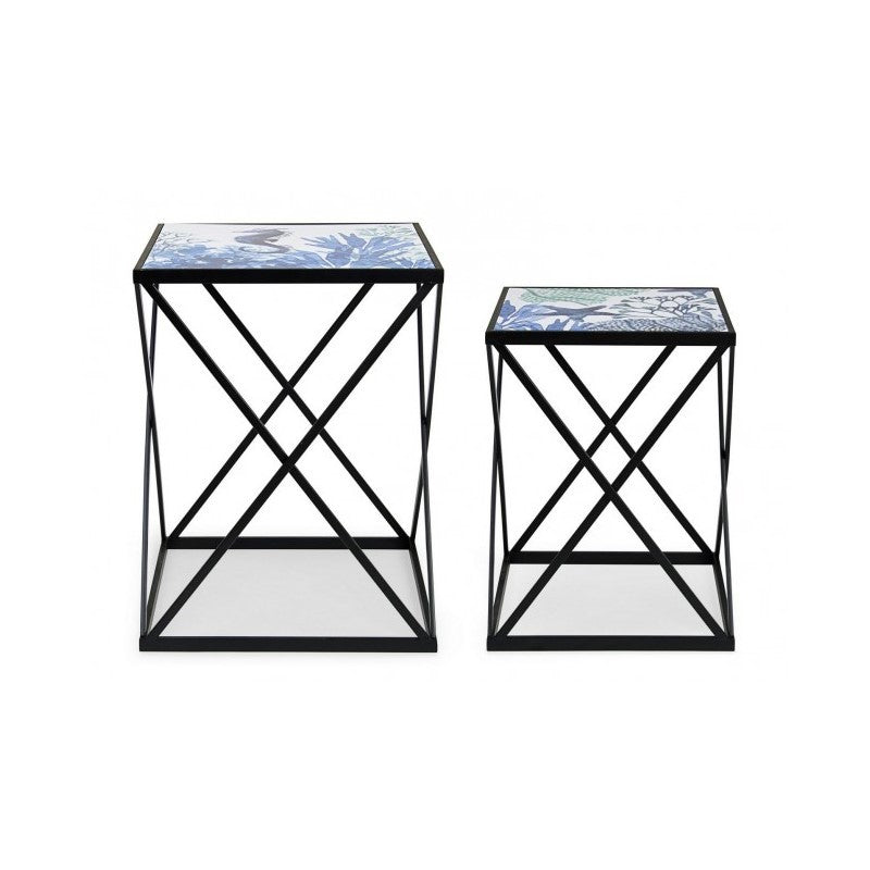 Ensemble de tables basses 2 pièces en acier noir motif marin REEF K04