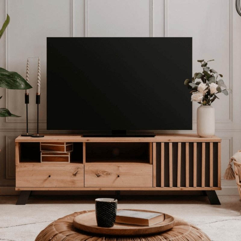 Meuble TV Medan56A avec 2 tiroirs et porte à compartiments ouverts en chêne anthracite
