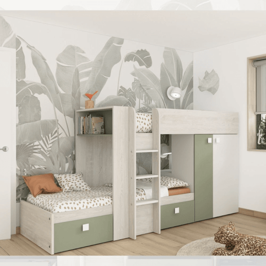 Lit superposé 1268 vintage blanc et vert avec armoire et tiroirs