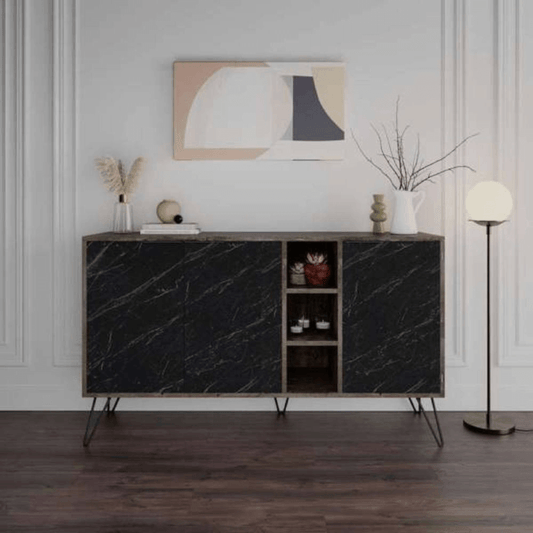 Buffet café foncé Clara Bendir 3 portes effet marbre noir 142x35,5x83h