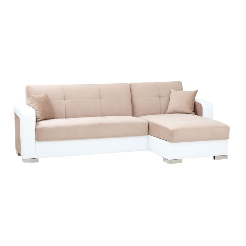 Canapé lit en simili cuir blanc et tissu beige avec péninsule à droite 240x140xh.88 cm