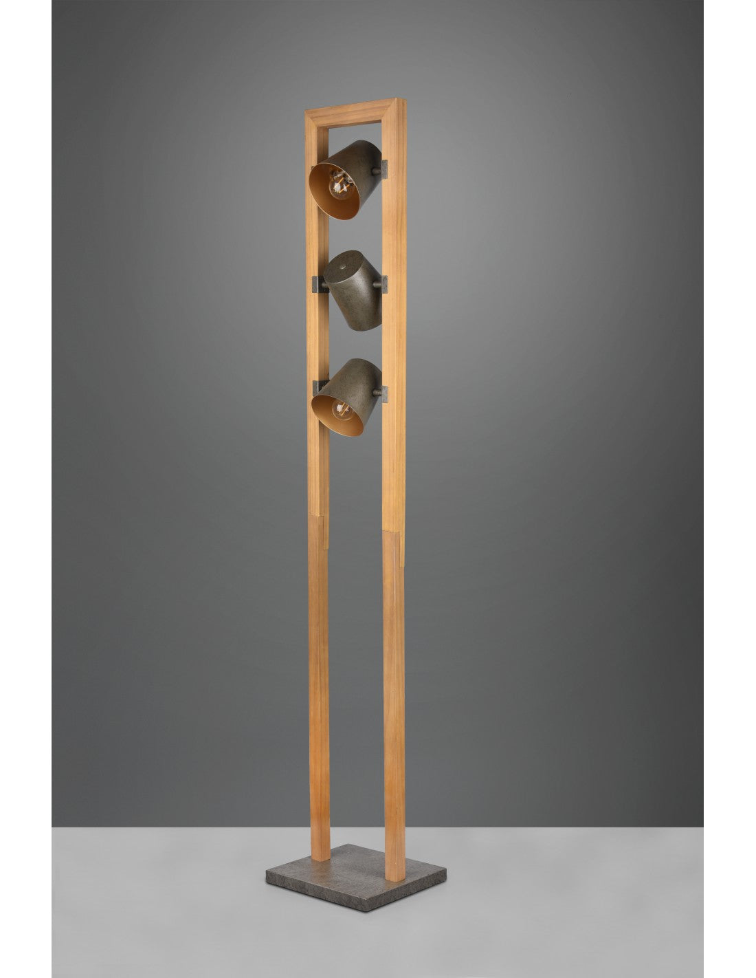 Lampadaire Vintage en Bois 3 Spots Cônes Ajustables Métal Nickel Cloche Trio Éclairage