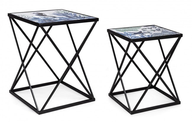 Ensemble de tables basses 2 pièces en acier noir motif marin REEF K04