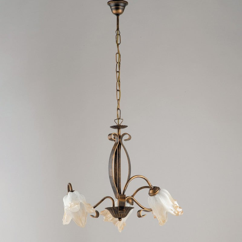 Lustre en fer marron doré trois lumières abat-jour en verre blanc ambre 51x h43 cm