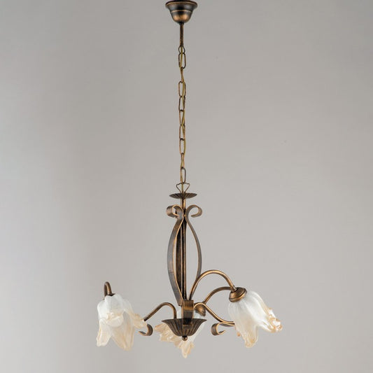 Lustre en fer marron doré trois lumières abat-jour en verre blanc ambre 51x h43 cm