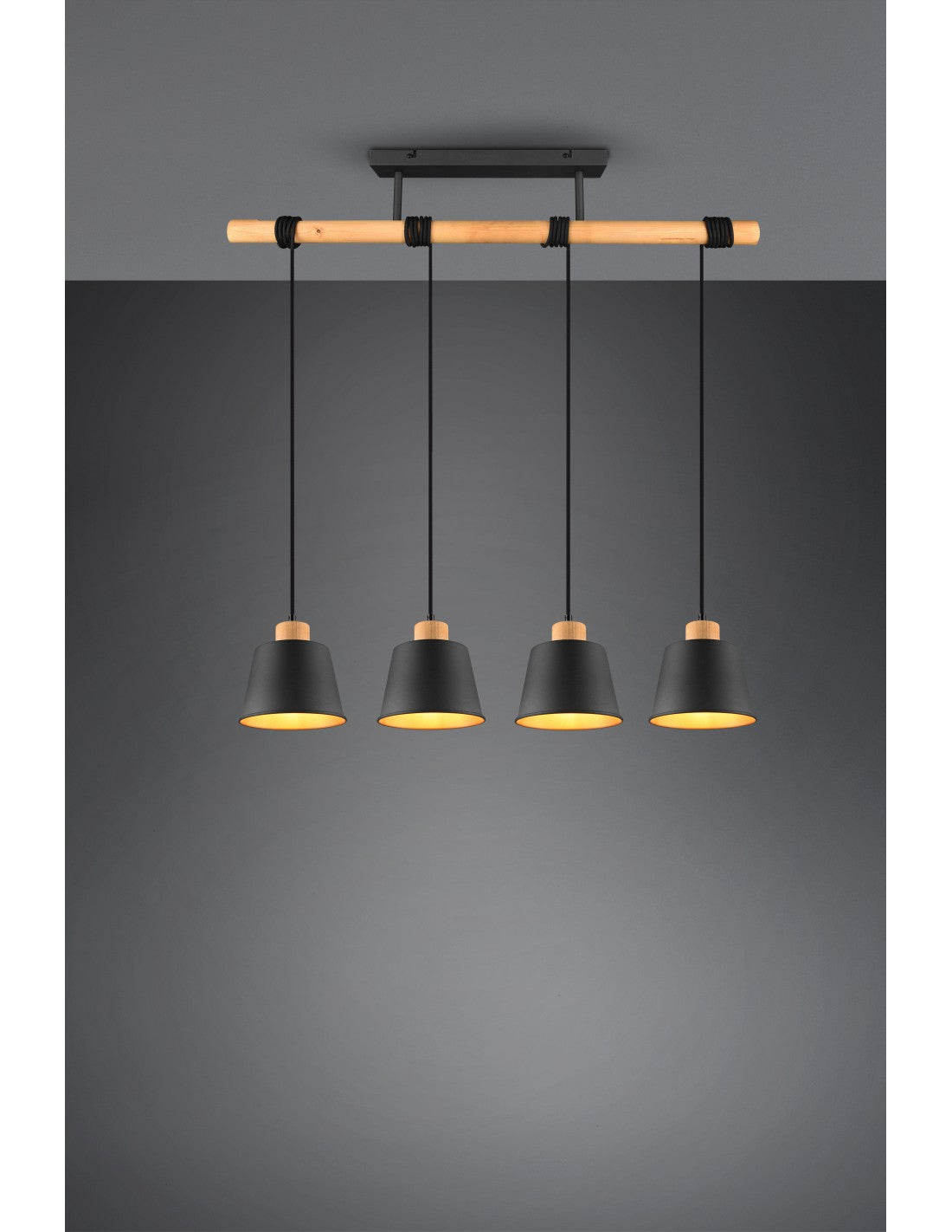 Lustre Bar En Bois 4 Abat-jour Noir Or Harris Trio Lighting