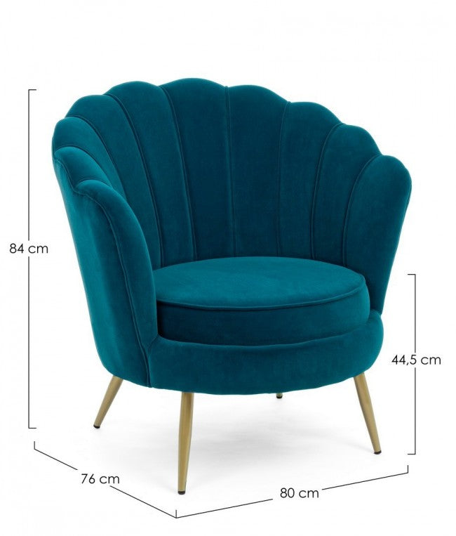 Fauteuil rétro vintage en velours bleu paon 80 x 76 x 84 h cm