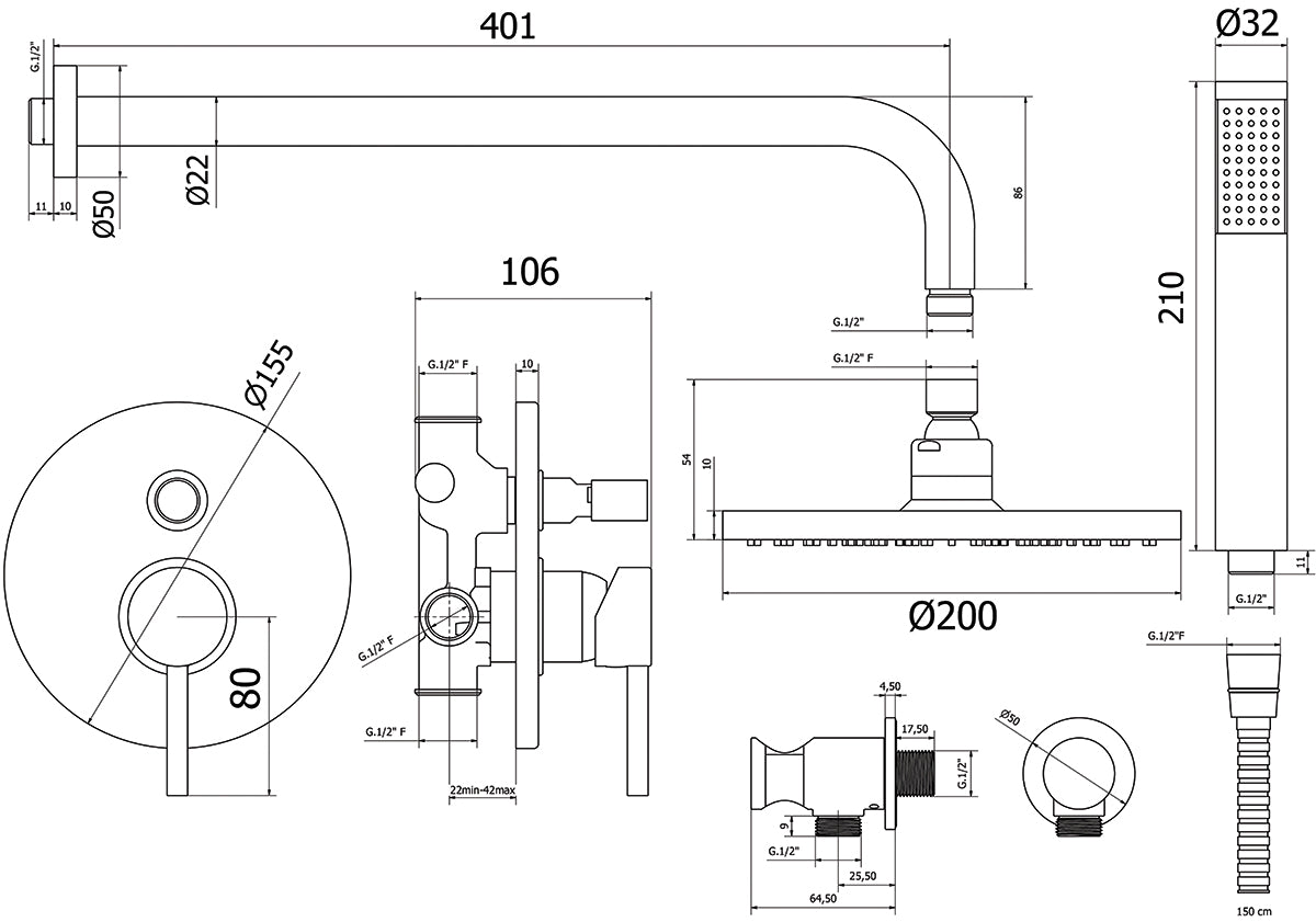 Kit de douche Carola noir mat