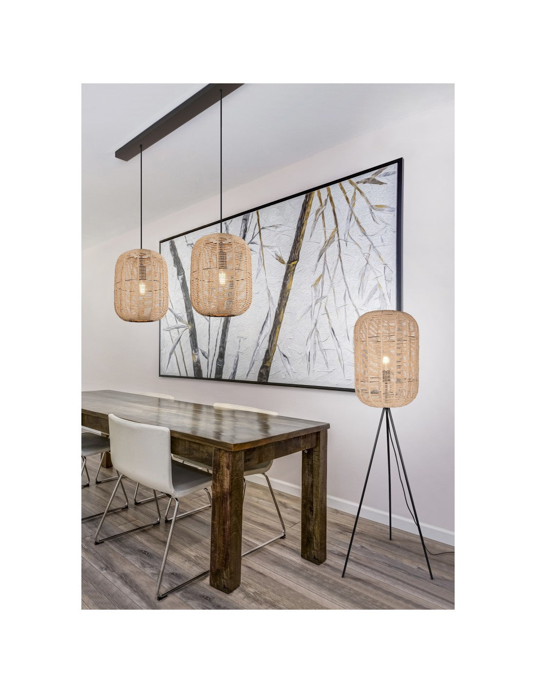 Lampadaire Vintage Runa Trépied Diffuseur Sisal Marron Trio Lighting