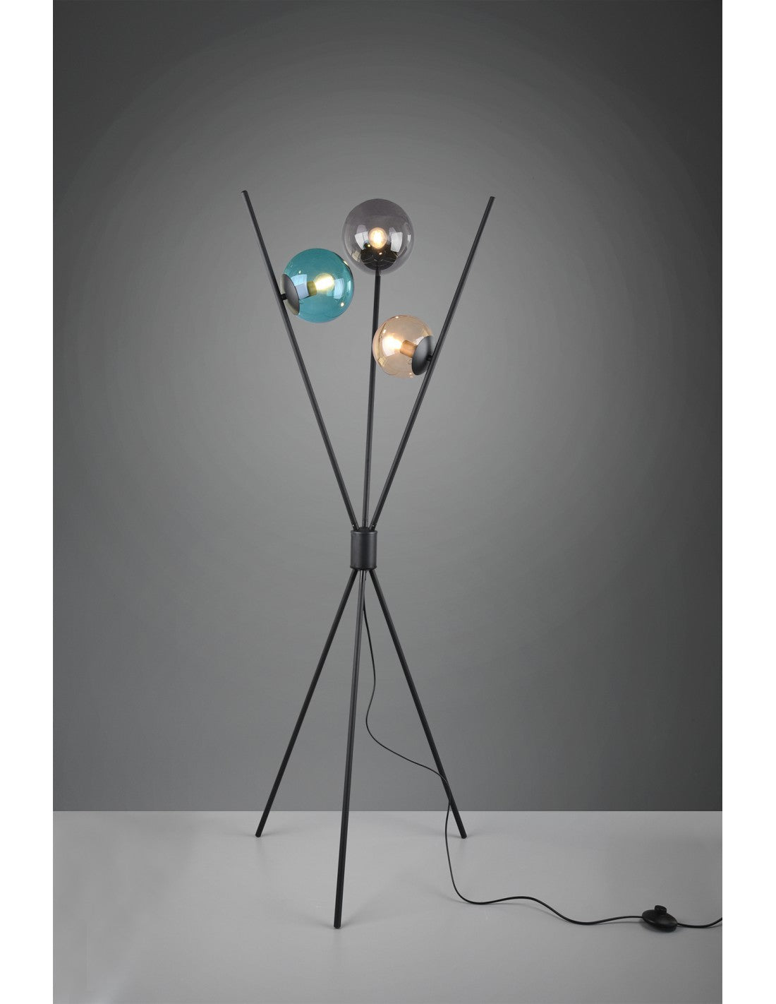 Lampadaire Moderne Trépied Noir 3 Sphères Verre Multicolores Lance Trio Lighting