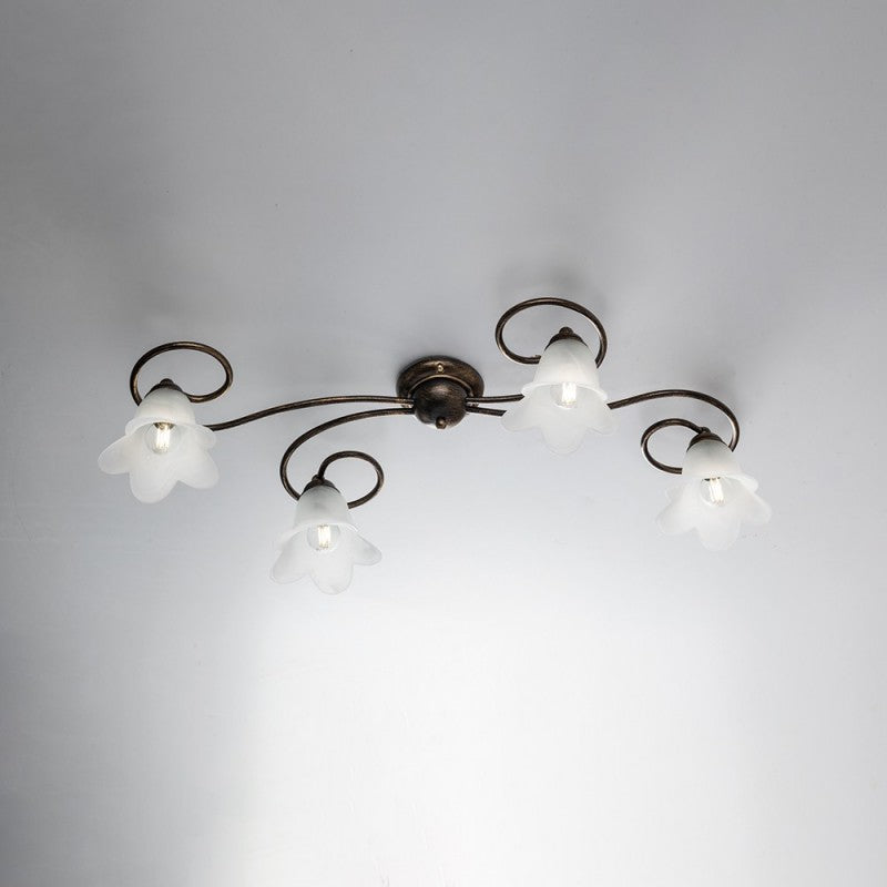 Plafonnier en fer marron doré quatre lumières abat-jour en verre blanc 87x40x h17 cm