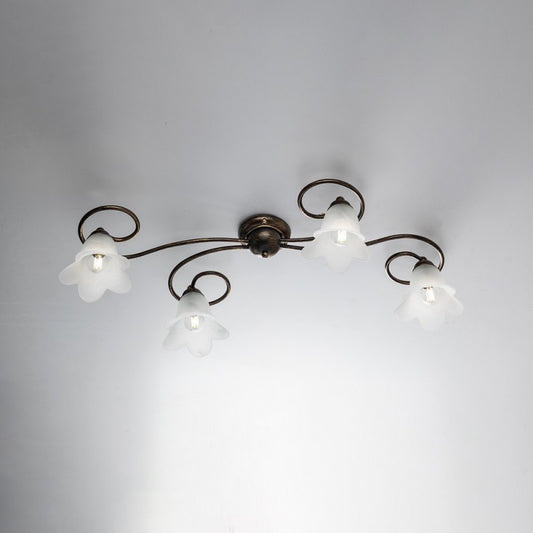 Plafonnier en fer marron doré quatre lumières abat-jour en verre blanc 87x40x h17 cm