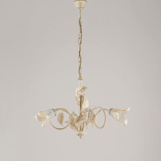 Lustre en fer ivoire or verre blanc ambre trois lumières 58x h43 cm