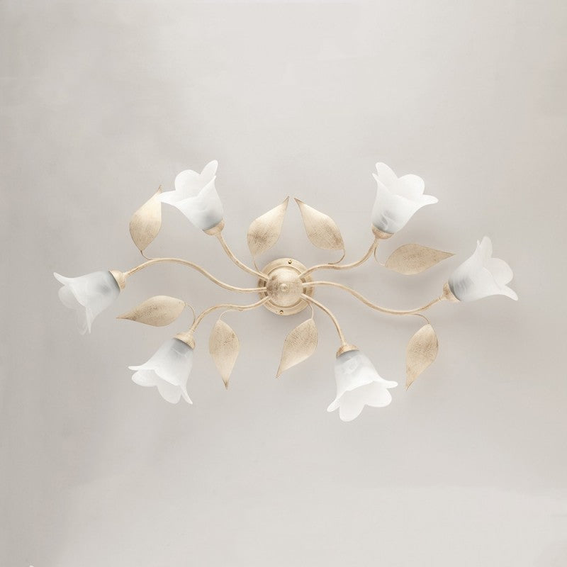 Plafonnier en fer Ivoire Or à six lumières en verre Albâtre Blanc 95x52x h20 cm