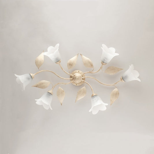 Plafonnier en fer Ivoire Or à six lumières en verre Albâtre Blanc 95x52x h20 cm