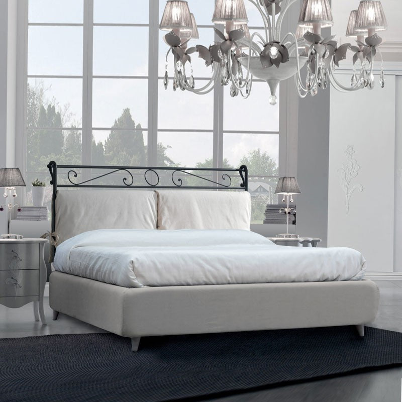 Lit double en fer avec cadre de lit en éco-cuir blanc LEONARDO 170x218x h118 cm