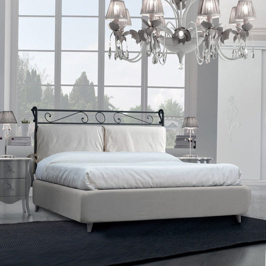 Lit double en fer avec cadre de lit en éco-cuir blanc LEONARDO 170x218x h118 cm