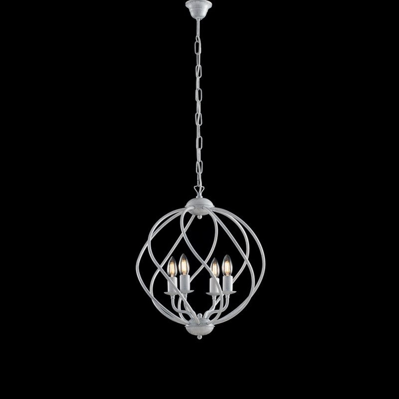 Déco suspension lustre fer Blanc Argent quatre lumières 43x h50 cm