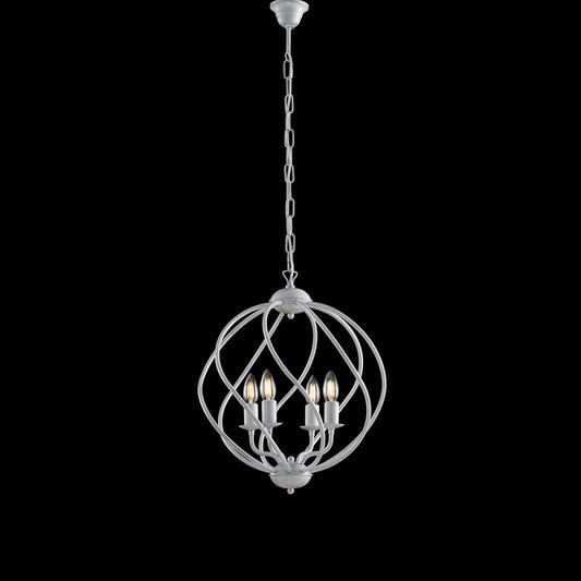 Déco suspension lustre fer Blanc Argent quatre lumières 43x h50 cm