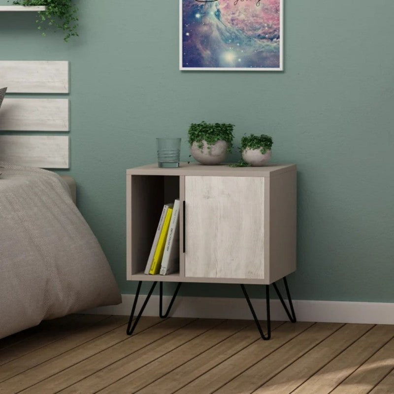 Table de chevet gris tourterelle blanche avec porte et compartiment Glynn 50x44xh.60 cm 
