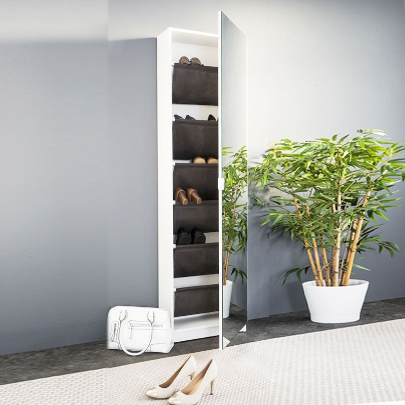 Étagère à chaussures avec 1 porte miroir, structure blanche, 51x22xh.181 cm
