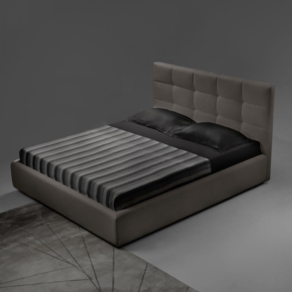 Lit double Napoli en tissu gris tourterelle avec conteneur