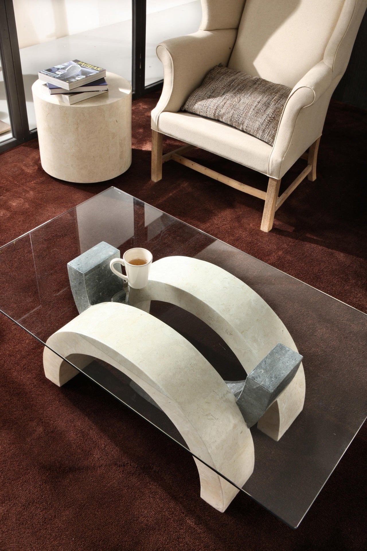 Table basse transparent-beige-gris 70 cm x 120 cm H. 41 cm