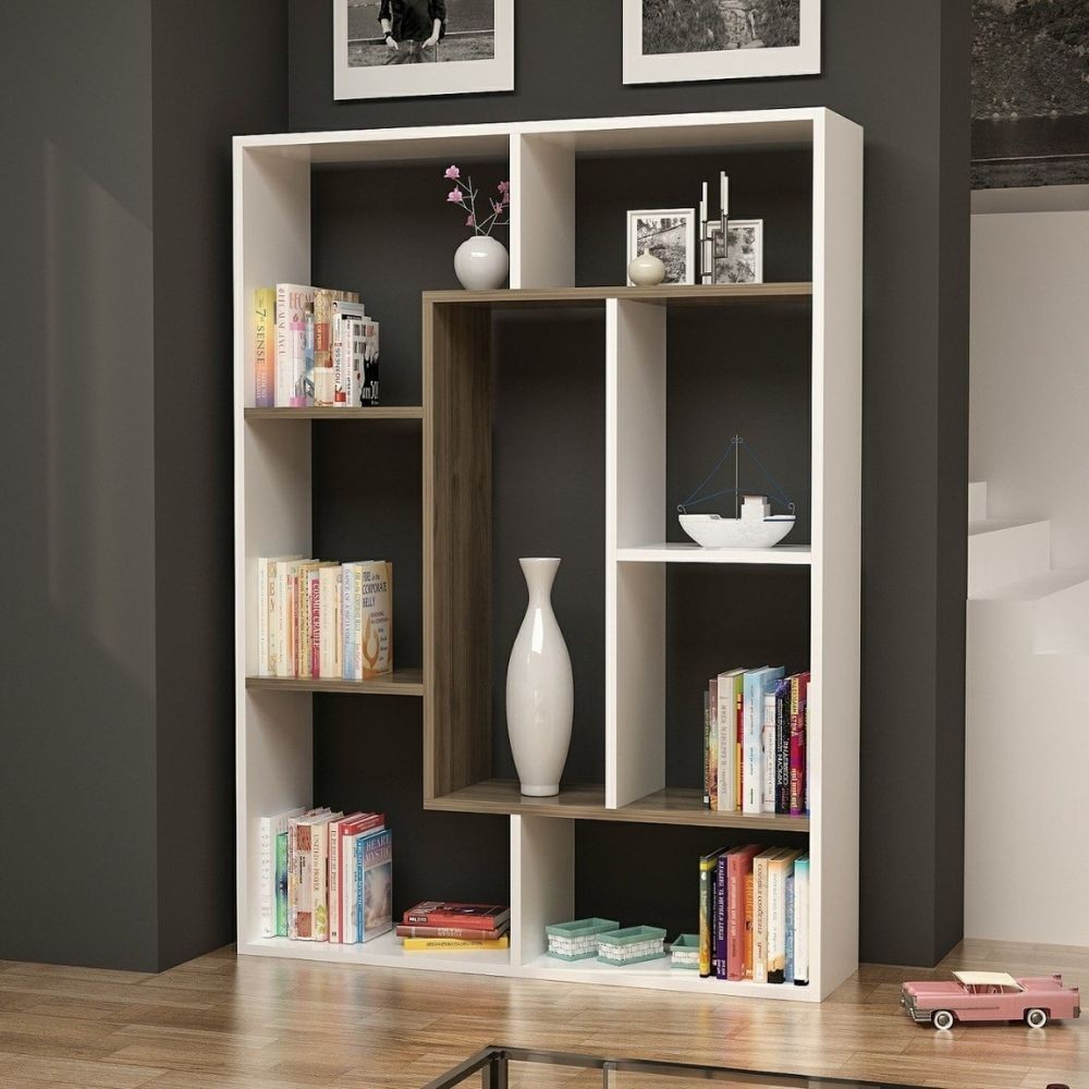 Bibliothèque Liam détail géométrique blanc noyer 100x136h