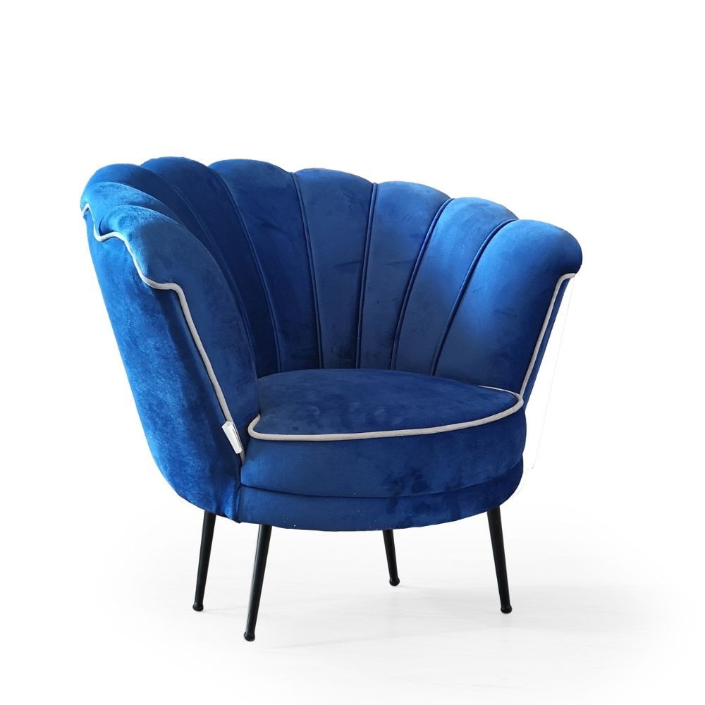 Fauteuil coque Orel en velours bleu marine avec bord gris