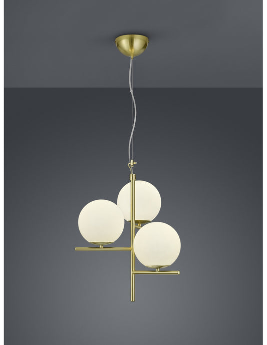 Suspension 3 Lumières Sphères Verre Blanc Laiton Ø40 cm Pure Trio Lighting