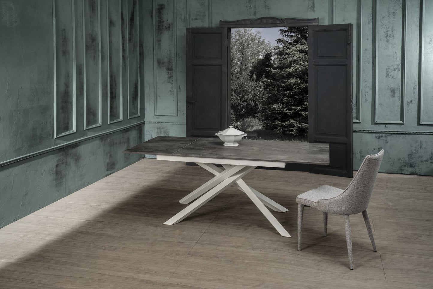 Table extensible en béton gris-blanc 90 cm x 140-190 cm H. 76 cm