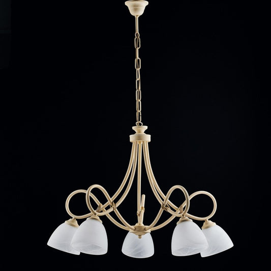 Lustre en fer décapé ivoire cinq lumières abat-jour en verre albâtre blanc 69x h52 cm
