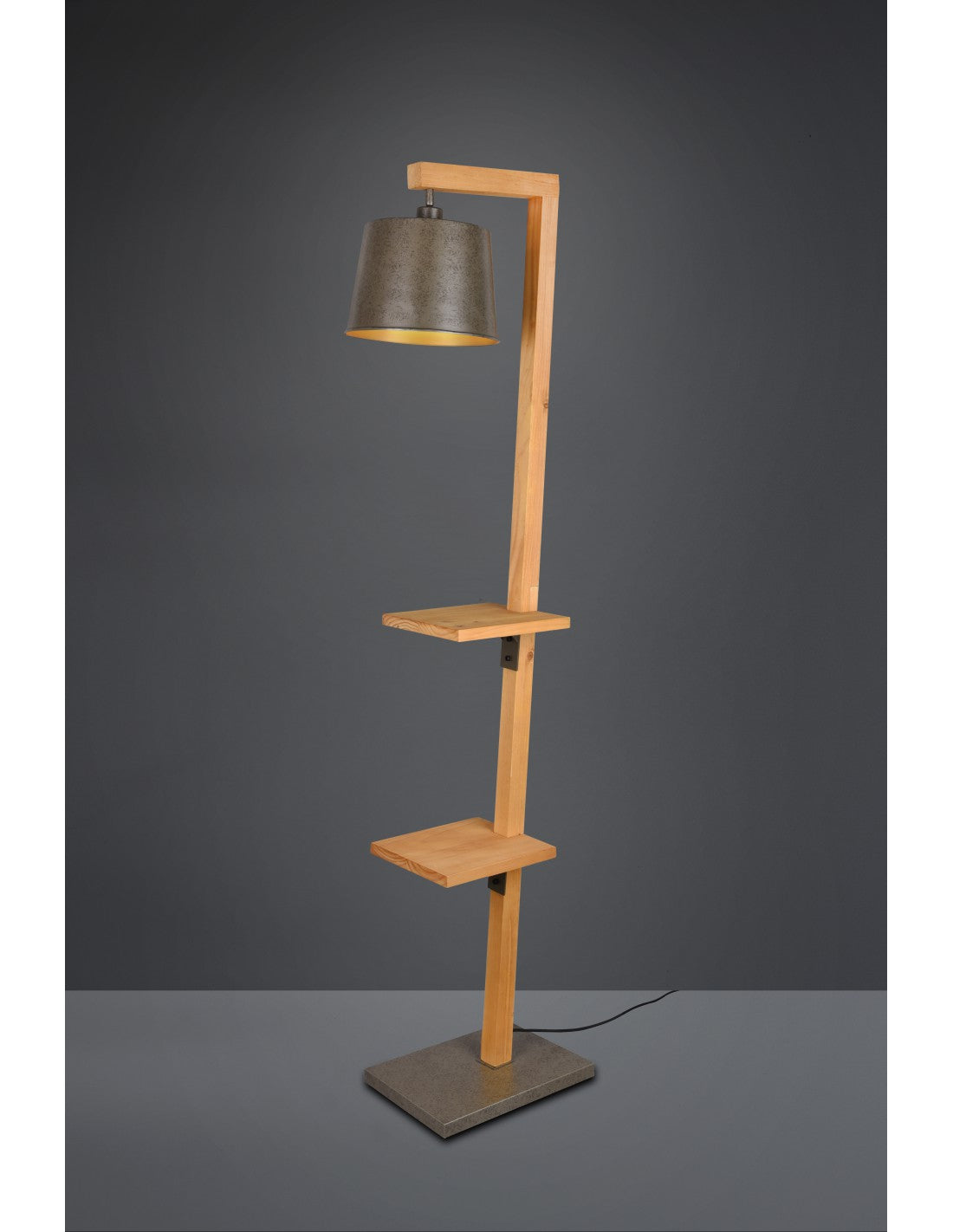 Lampadaire Vintage Etagères en Bois Abat-Jour Nickel Rodrigo Trio Lighting