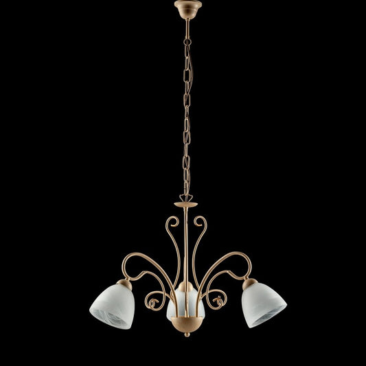Lustre en fer ivoire à trois lumières, abat-jour en verre Albâtre Blanc 52x h45 cm