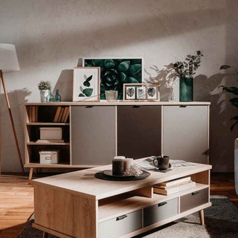 Buffet Epik 56 en chêne gris anthracite avec 3 portes et compartiment ouvert